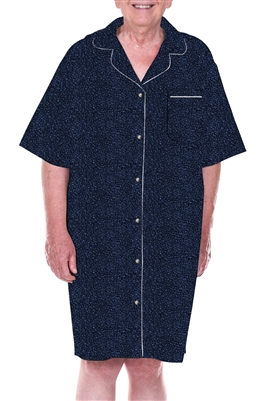 Home Care Line Mens 100% Cotton Blue Print Short Sleeve Pajama Nightshirt Faux Button Front Open Back-Velcro closure