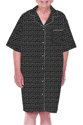 Home Care Line Mens 100% Cotton Black/Ivory Short Sleeve Pajama Nightshirt Faux Button Front Open Back-Velcro closure