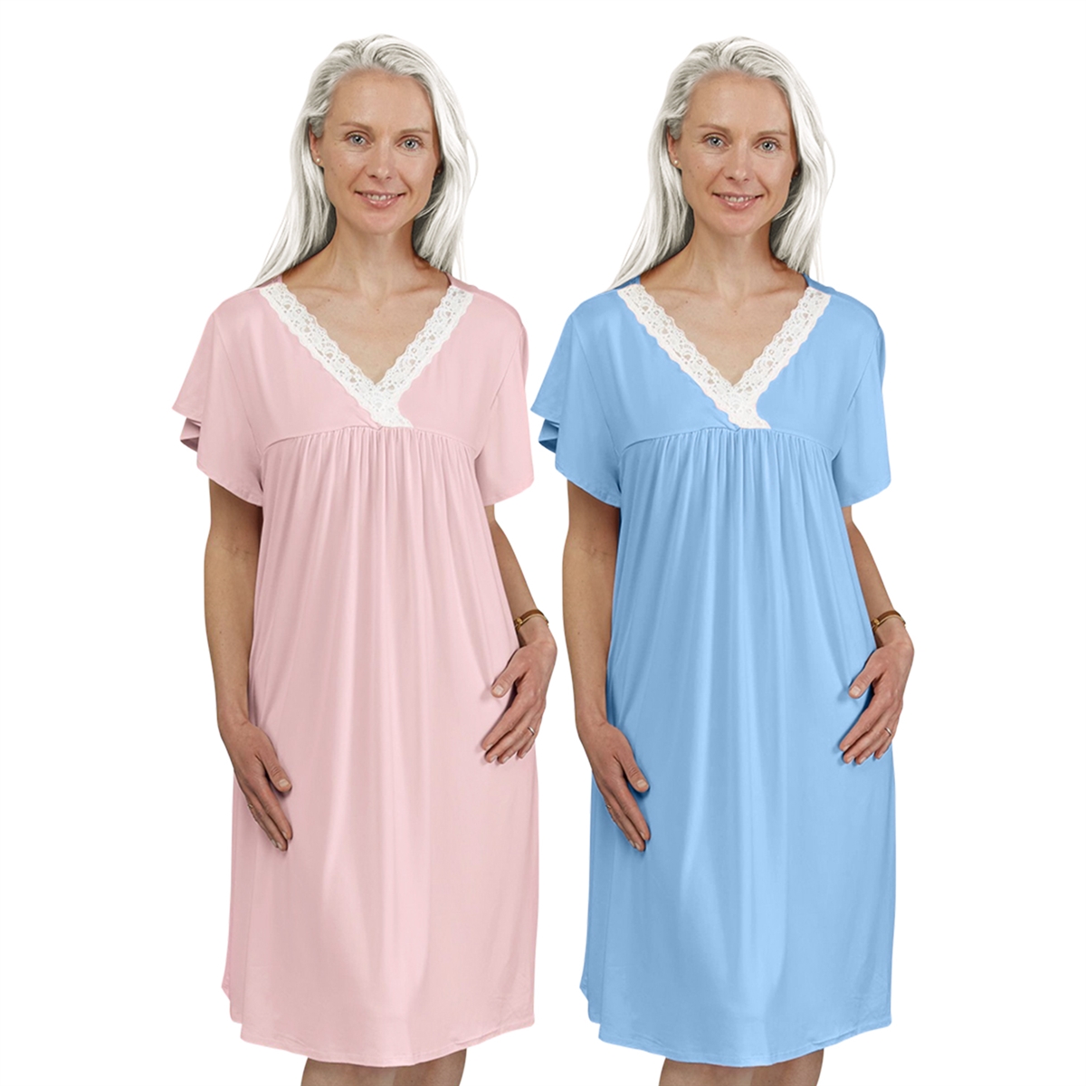 Dignity Pajamas 2 Pack-Womens 'So Soft' Criss cross Lace Trim Nightgown Cap  sleeve with REGULAR Back