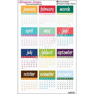 Small Monthly Calendars - 2016 - Set of 12 Stickers