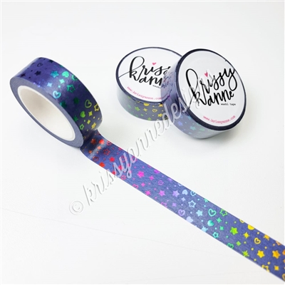 15mm Rainbow Foil Washi - Midnight Rainbow Hearts & Stars