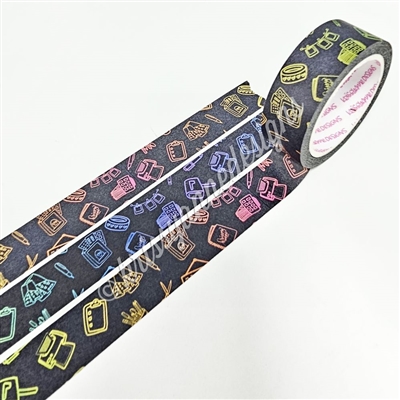 15mm Washi | Stationery Doodles (Black BG)