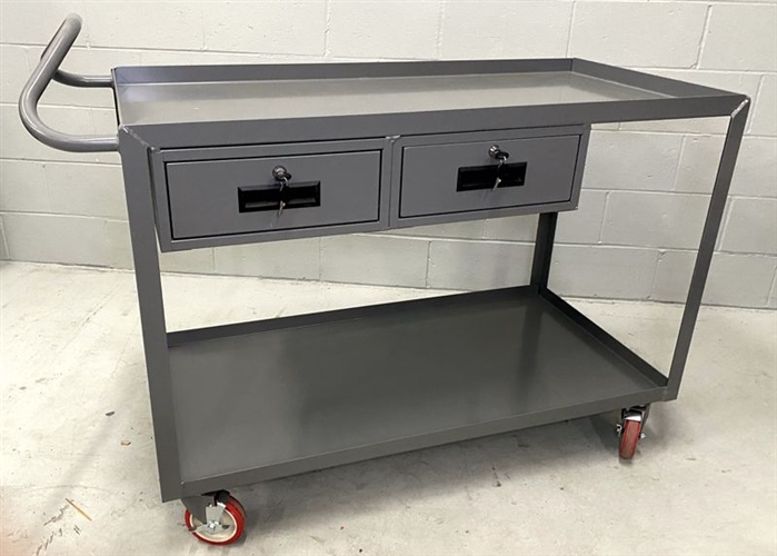 Ergonomic handle cart with two shelves and two drawers