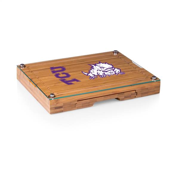 TCU Horned Frogs Glass Top Cheese Cutting Board and Tools