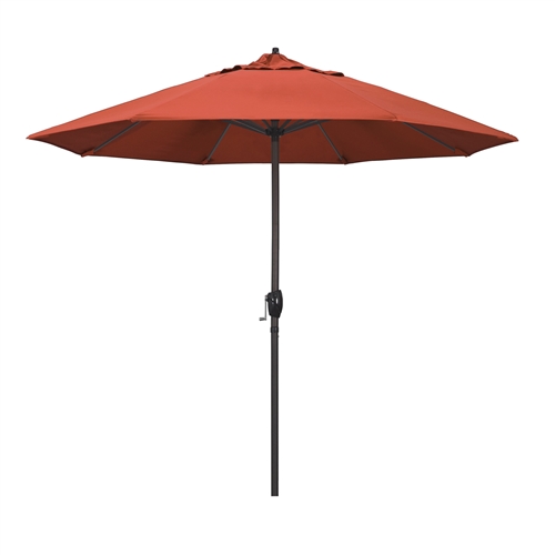 California Umbrella 9' Patio Umbrella Bronze Aluminum Pole, Auto Tilt, Crank Lift, Olefin Sunset Fabric  