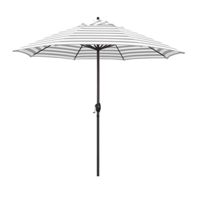 California Umbrella 9' Patio Umbrella Bronze Aluminum Pole,Auto Tilt, Crank Lift, Olefin Gray White Cabana Stripe Fabric  