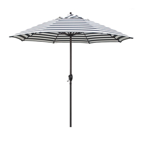 California Umbrella 9' Patio Umbrella Bronze Aluminum Pole,Auto Tilt, Crank Lift, Olefin Navy White Cabana Stripe Fabric  