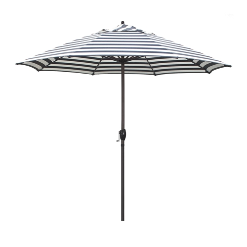 California Umbrella 9' Patio Umbrella Bronze Aluminum Pole,Auto Tilt, Crank Lift, Olefin Navy White Cabana Stripe Fabric  