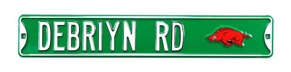 Arkansas Razorbacks Steel Street Sign with Logo-DEBRIYN RD on Green   