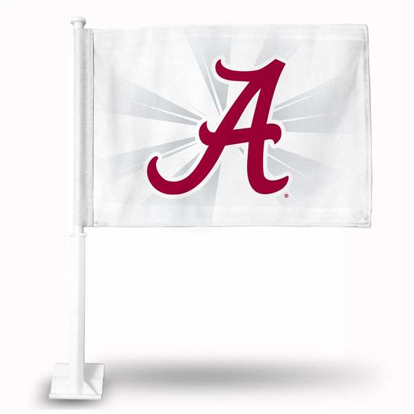 Alabama Crimson Tide White Double Sided Car Flag -  16" x 19" - Strong Pole that Hooks Onto Car/Truck/Automobile    