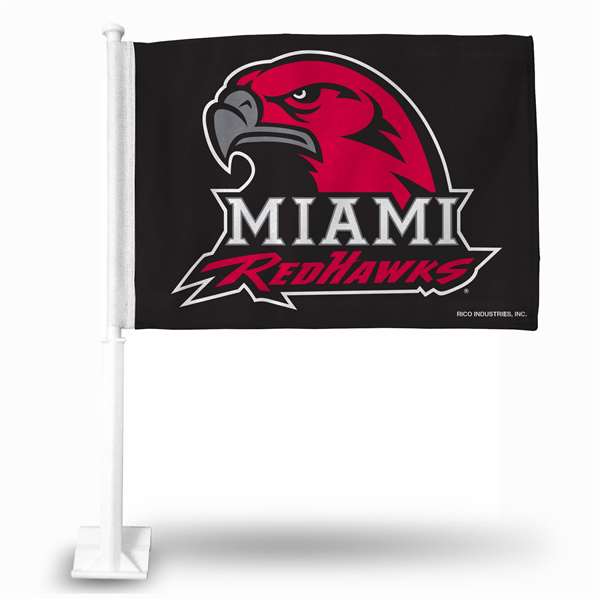 Miami of Ohio Redhawks Standard Double Sided Car Flag -  16" x 19" - Strong Pole that Hooks Onto Car/Truck/Automobile    
