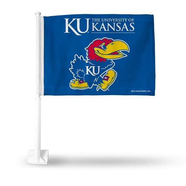 Kansas Jayhawks Standard Double Sided Car Flag -  16" x 19" - Strong Pole that Hooks Onto Car/Truck/Automobile    