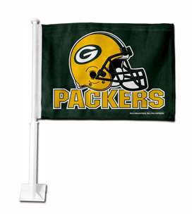 Green Bay Packers Green Helmet Double Sided Car Flag -  16" x 19" - Strong Pole that Hooks Onto Car/Truck/Automobile    