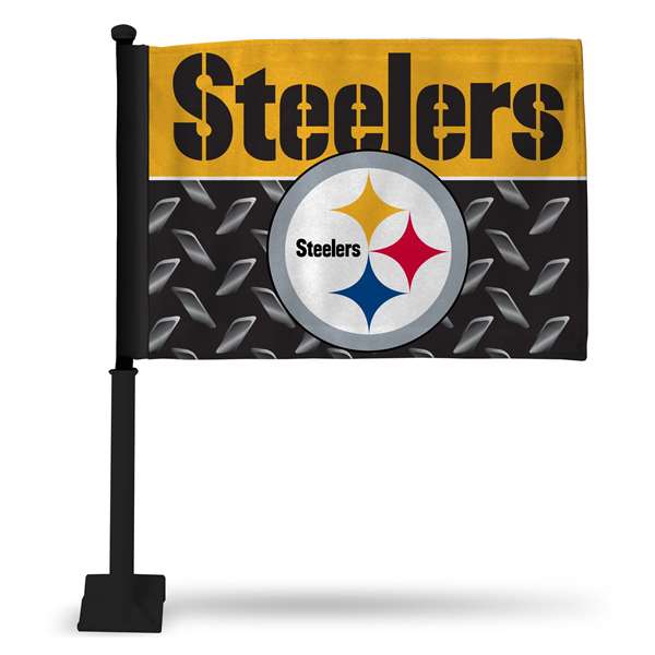 Pittsburgh Steelers Black Pole Double Sided Car Flag with Black Pole -  16" x 19" - Strong Pole that Hooks Onto Car/Truck/Automobile    
