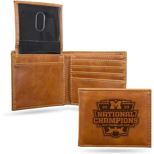 Michigan Wolverines 2023-24 CFP National Champions Brown Laser Engraved Billfold Wallet