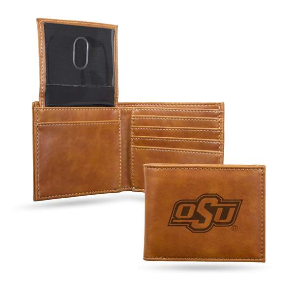 Oklahoma State Cowboys Brown Laser Engraved Bill-fold Wallet - Slim Design - Great Gift    