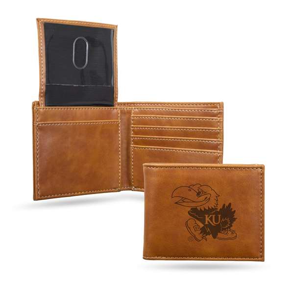 Kansas Jayhawks Brown Laser Engraved Bill-fold Wallet - Slim Design - Great Gift    