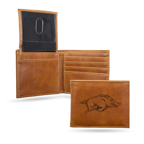 Arkansas Razorbacks Brown Laser Engraved Bill-fold Wallet - Slim Design - Great Gift    