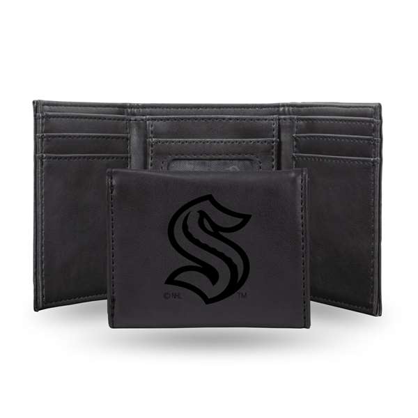 Seattle Kraken Black Laser Engraved Tri-Fold Wallet - Men's Accessory    