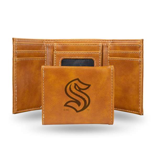 Seattle Kraken Brown Laser Engraved Tri-Fold Wallet - Men's Accessory    