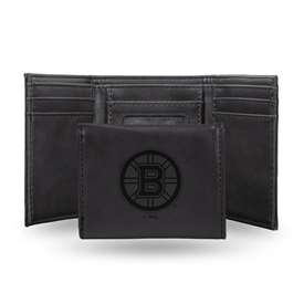 Boston Bruins Black Laser Engraved Tri-Fold Wallet - Men's Accessory    