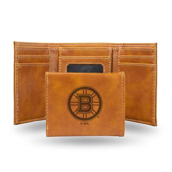 Boston Bruins Brown Laser Engraved Tri-Fold Wallet - Men's Accessory    