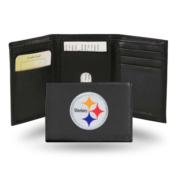 Pittsburgh Steelers  Embroidered Genuine Leather Tri-fold Wallet 3.25" x 4.25" - Slim    