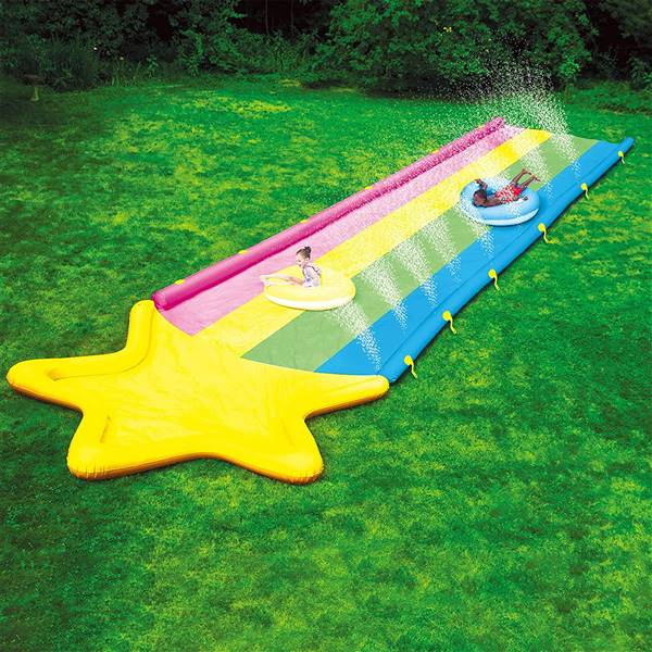 WOW Sports Rainbow Star Super Water Slide with 2 Inflatable Sleds, Inflatable Water Slide with Built-in Star Splash Pool and Sprinklers  
