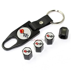 Chevy Corvette C3 Logo Black Tire/Wheel Stem Air Valve Caps+Wrench Key Chain Set