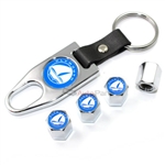 Plymouth Blue Logo Chrome Tire/Wheel Stem Valve Caps + Wrench Key Chain Gift Set