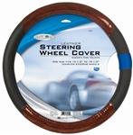 Black Genuine Leather Steering Wheel Cover with Wood Grain Design Universal 15"
