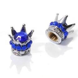 2 Motorcycle Bike Chrome Crown Blue Bling Diamond Tire/Wheel Stem Valve Caps Set