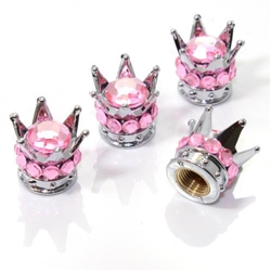 4 Chrome Crown Light Pink Bling Diamond Tire/Wheel Stem Valve Caps Set car truck