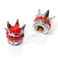 2 Motorcycle Bike Chrome Crown Red Bling Diamond Tire/Wheel Stem Valve Caps Set