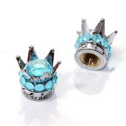 2 Motorcycle Chrome Crown Aqua Blue Bling Diamond Tire/Wheel Stem Valve Caps Set