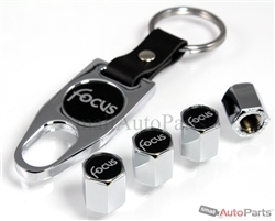 Ford Focus Black Logo Chrome ABS Tire Valve Stem Caps & Key Chain