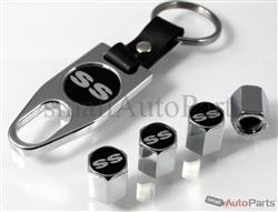 Chevrolet SS Black Logo Chrome ABS Tire Valve Stem Caps & Key Chain