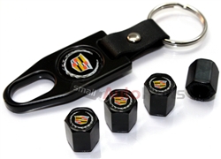 Cadillac New Logo Black ABS Tire Valve Stem Caps & Key Chain