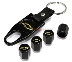 Chevrolet Yellow Logo Black ABS Tire Valve Stem Caps & Key Chain