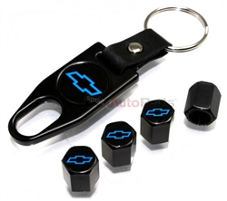 Chevrolet Blue Logo Black ABS Tire Valve Stem Caps & Key Chain