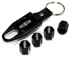 Lincoln Silver Logo Black ABS Tire Valve Stem Caps & Key Chain