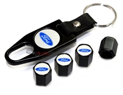 Ford Blue Logo Black ABS Tire Valve Stem Caps & Key Chain
