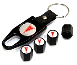 Pontiac Red Logo Black ABS Tire Valve Stem Caps & Key Chain