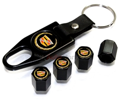 Cadillac Gold Logo Black ABS Tire Valve Stem Caps & Key Chain