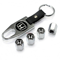 Honda Black H Logo Chrome ABS Tire Valve Stem Caps & Key Chain