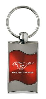 Premium Chrome Spun Wave Red Ford Mustang Genuine Logo Key Chain Fob Ring