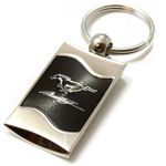 Premium Chrome Spun Wave Black Ford Mustang Genuine Logo Key Chain Fob Ring