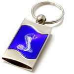 Premium Chrome Spun Wave Blue Ford Mustang Cobra Genuine Logo Key Chain Fob Ring