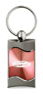 Premium Chrome Spun Wave Pink Ford Oval Genuine Logo Key Chain Fob Ring