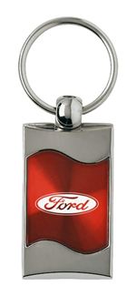 Premium Chrome Spun Wave Red Ford Oval Genuine Logo Key Chain Fob Ring